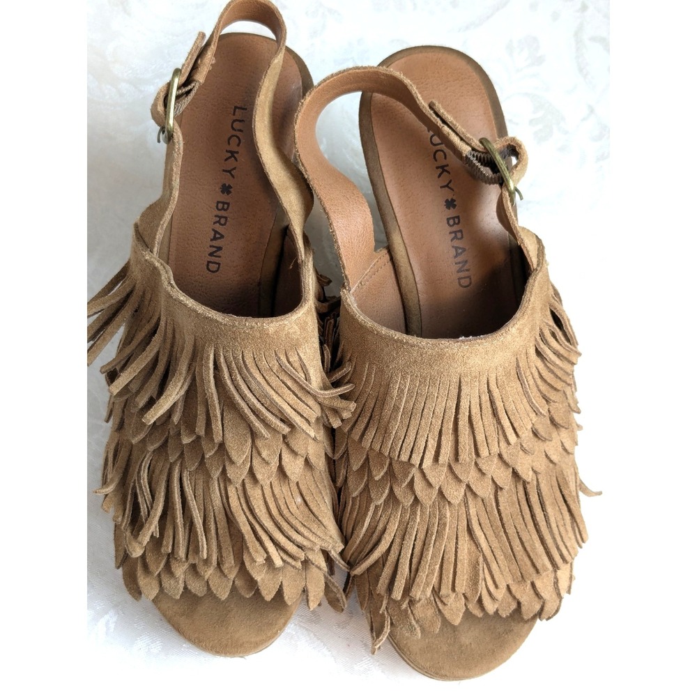 Lucky Brand Tan Suede Wedge Fringe Slingback Boho Festival Platform Shoes 7M - Picture 4 of 9